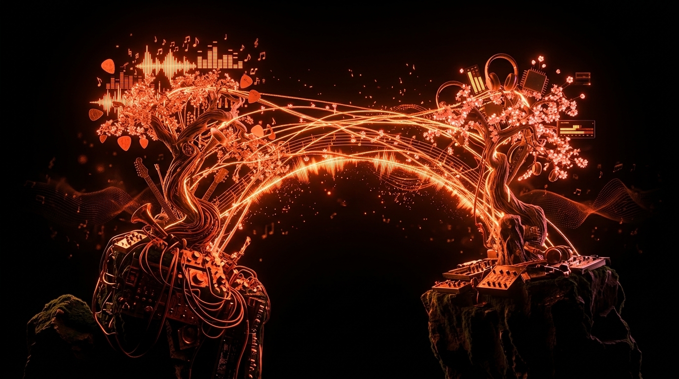 Two trees connected by glowing arcs